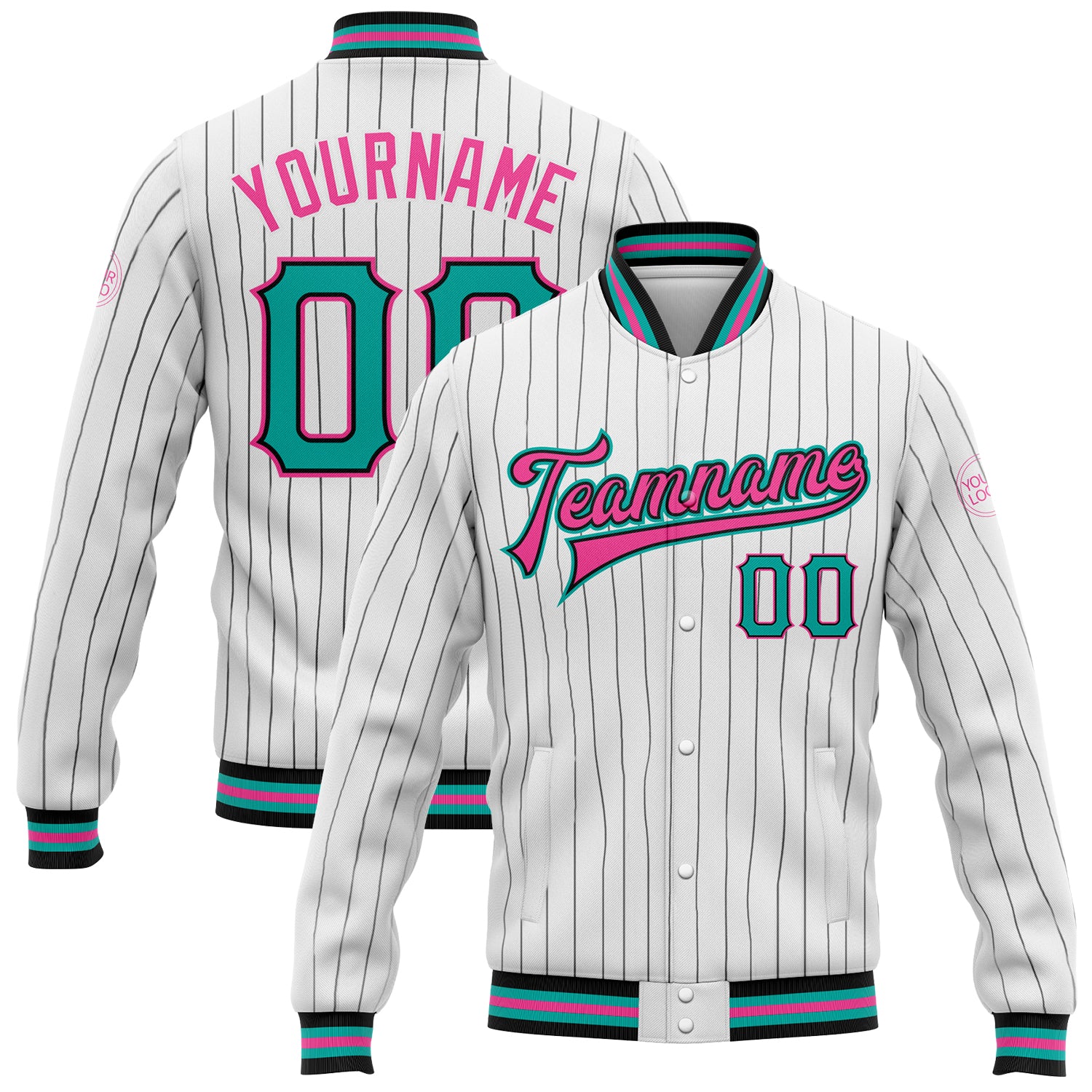 Custom Personalized Varsity Letterman Jacket Aqua-Pink Black White Pinstripe with Team Name and Number Full-Snap Bomber Personalized