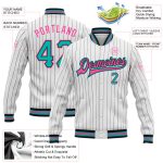 Custom Personalized Varsity Letterman Jacket Aqua-Pink Black White Pinstripe with Team Name and Number Full-Snap Bomber Personalized