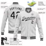 Custom Name and Number Varsity Letterman Jacket - Personalized White Black Pinstripe Bomber Full-Snap Style Personalized