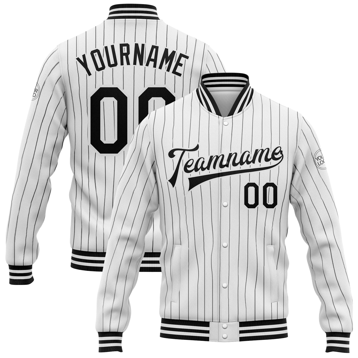 Custom Name and Number Varsity Letterman Jacket - Personalized White Black Pinstripe Bomber Full-Snap Style Personalized