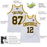 Custom Personalized Black-Gold Basketball Jersey with White Black Pinstripe Design - Team Name and Number Personalized White