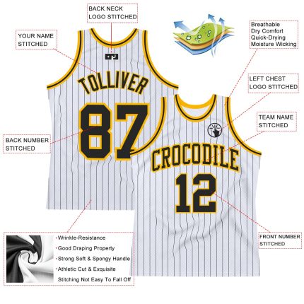 Custom Personalized Black-Gold Basketball Jersey with White Black Pinstripe Design - Team Name and Number Personalized White