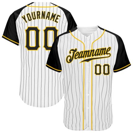 Custom Personalized Black and White Pinstripe Baseball Jersey with Raglan Sleeves, Team Name and Number Personalized White