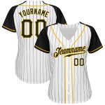 Custom Personalized Black and White Pinstripe Baseball Jersey with Raglan Sleeves, Team Name and Number Personalized White