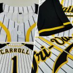 Custom Personalized Black and White Pinstripe Baseball Jersey with Raglan Sleeves, Team Name and Number Personalized White