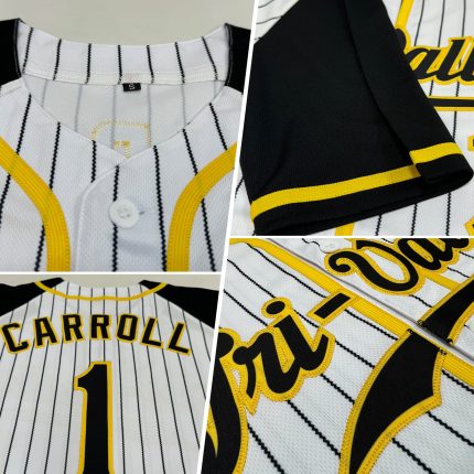 Custom Personalized Black and White Pinstripe Baseball Jersey with Raglan Sleeves, Team Name and Number Personalized White