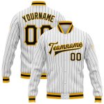Custom Name Number Black Gold Bomber Varsity Letterman Jacket Personalized White Black Pinstripe Full-Snap Design Personalized