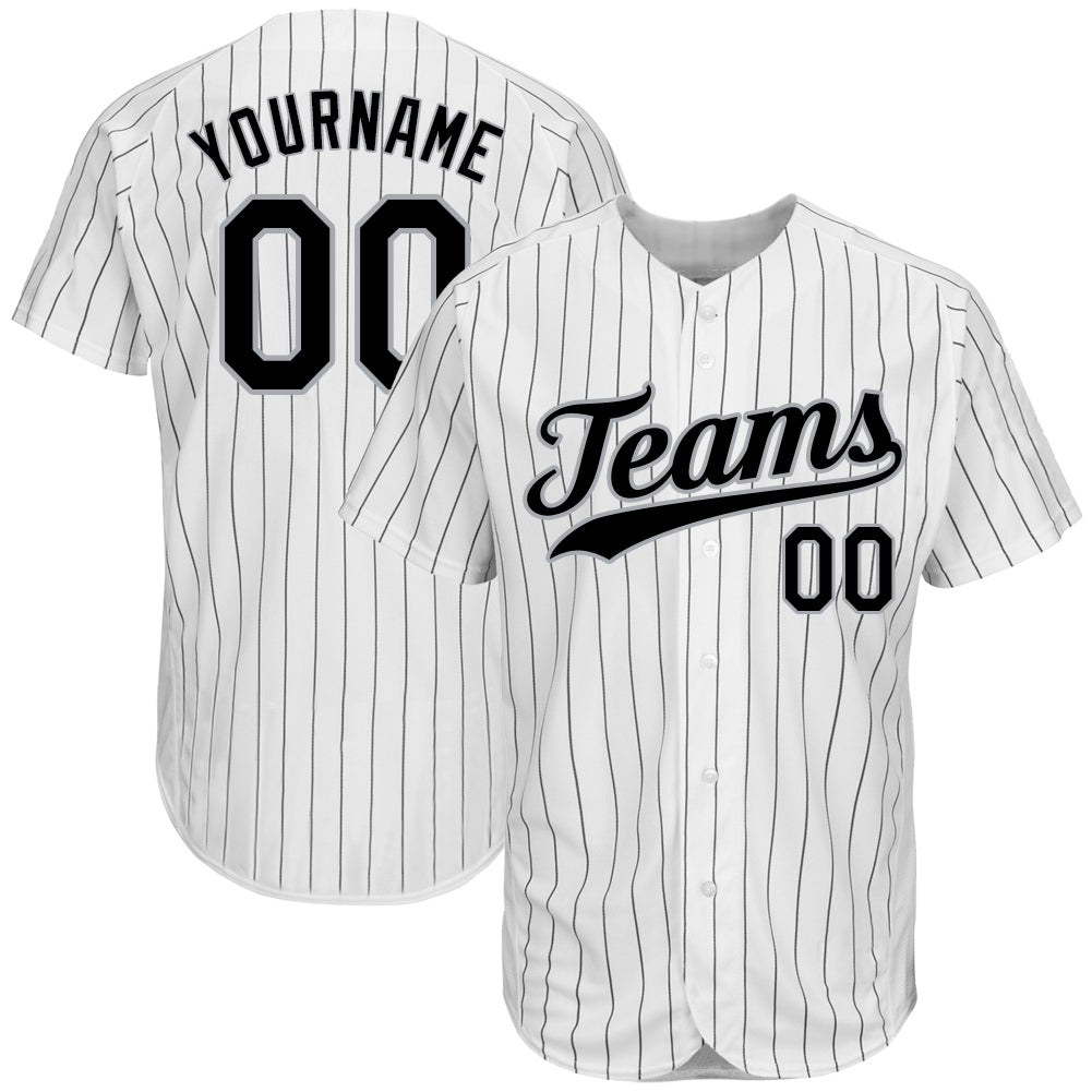 Personalized Black-Gray Pinstripe Baseball Jersey - Authentic Custom White and Black Design Personalized White Black Pinstripe