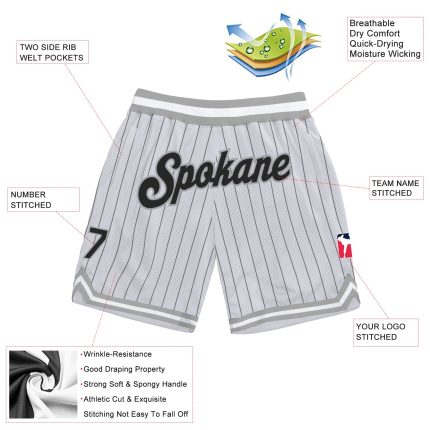 Custom Personalized Basketball Shorts with Name & Number - White Black Pinstripe Design - Authentic Team Apparel Personalized