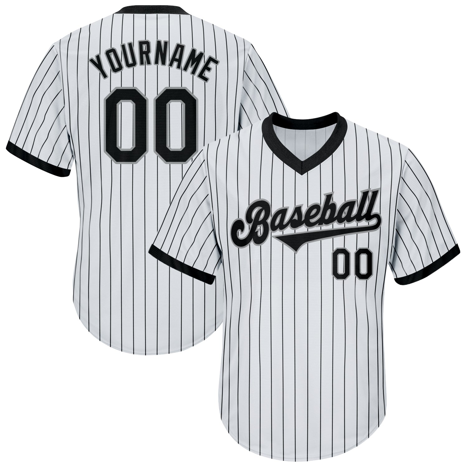 Customizable Baseball Jersey Shirt - Personalized Rib-Knit Throwback with Pinstripe in Black and Gray - Team Name & Number