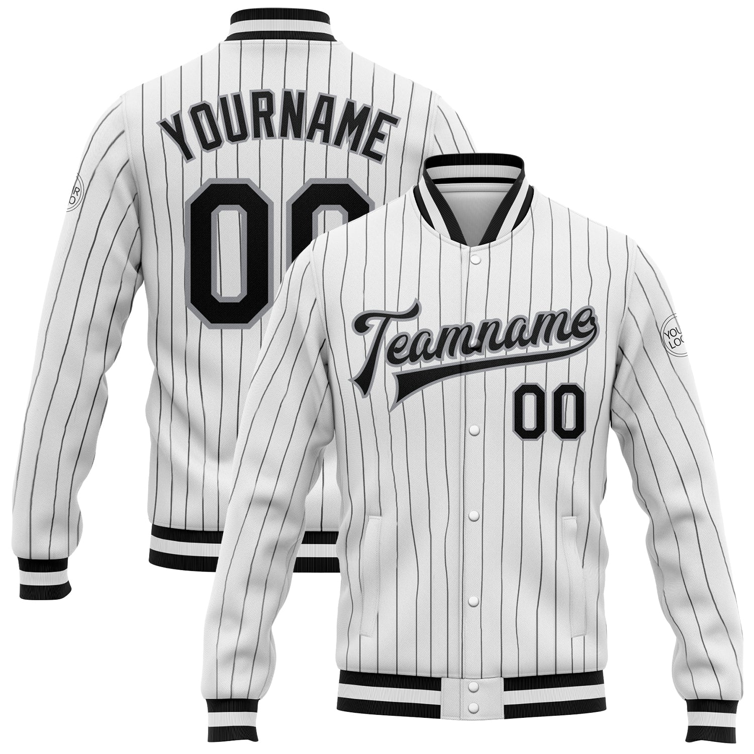 Custom Name Number Varsity Jacket Personalized Black Gray Bomber Full-Snap Pinstripe Letterman for Teams Personalized White