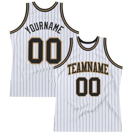 Custom Name Number Basketball Jersey - Personalized White Black Pinstripe Old Gold Design Personalized White Black Pinstripe