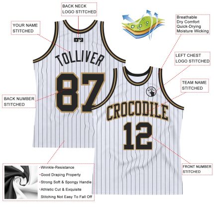 Custom Name Number Basketball Jersey - Personalized White Black Pinstripe Old Gold Design Personalized White Black Pinstripe