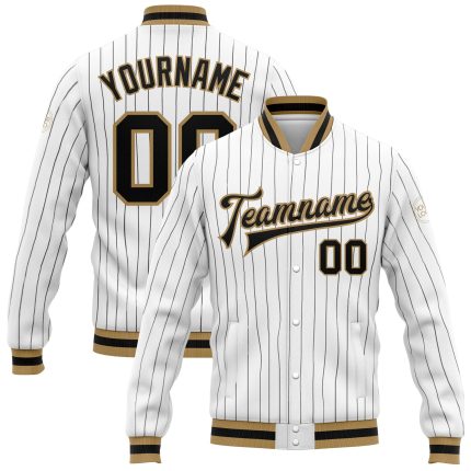 Custom Team Name Number Black White Pinstripe Bomber Varsity Letterman Jacket Full-Snap Personalized Personalized White Black