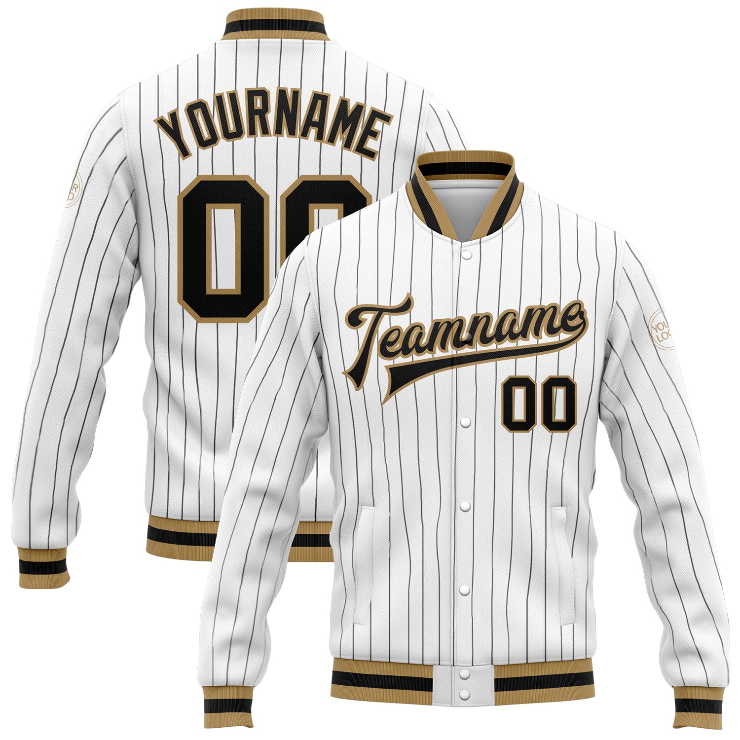 Custom Team Name Number Black White Pinstripe Bomber Varsity Letterman Jacket Full-Snap Personalized Personalized White Black