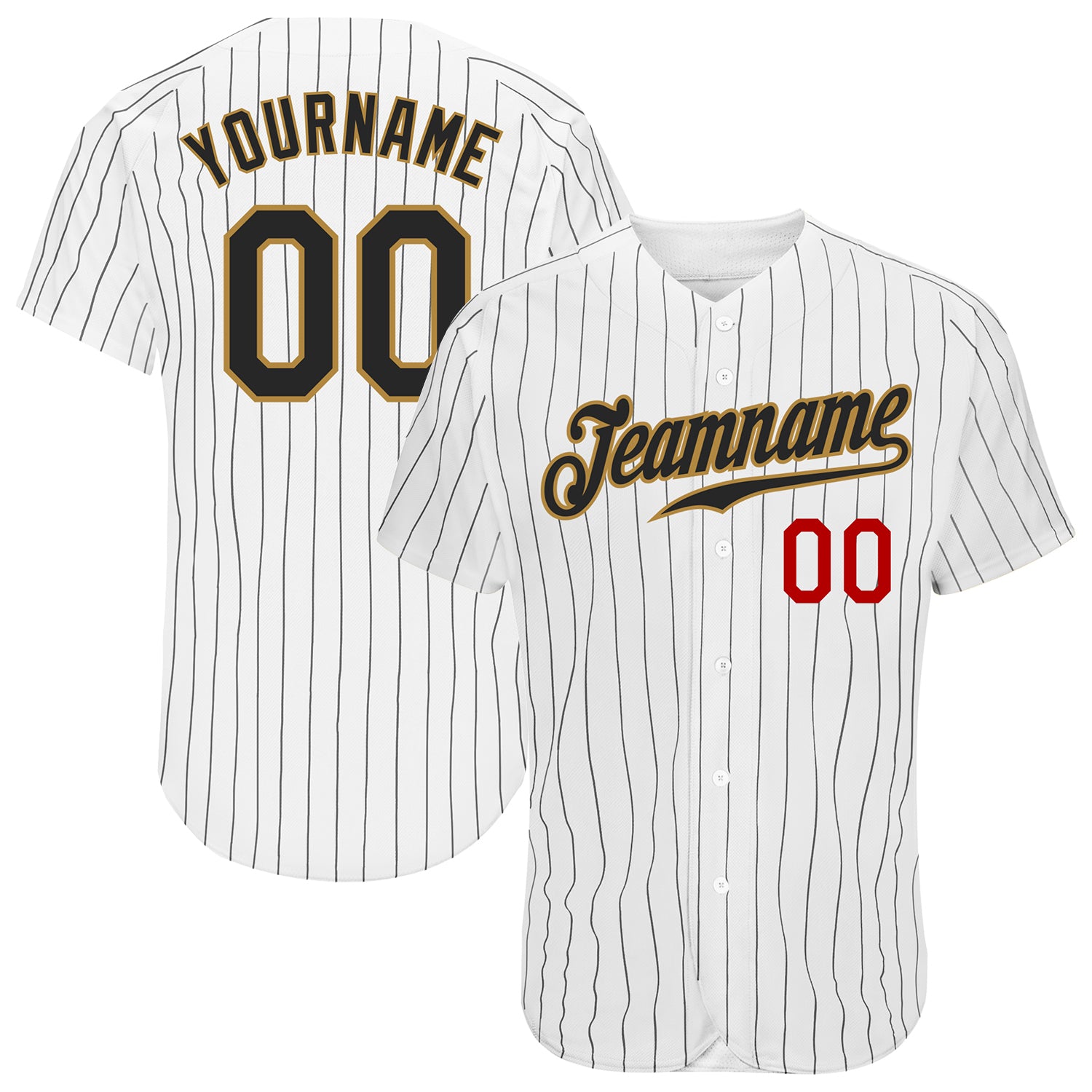 Custom Authentic Baseball Jersey with Personalized Name and Number - White Black Pinstripe Old Gold-Red Design Personalized