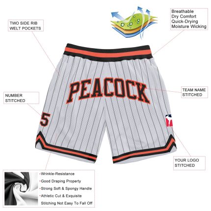 Custom Name and Number Personalized Basketball Shorts - Black Orange White Pinstripe Team Apparel Personalized White Black