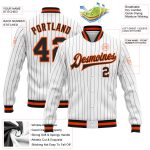 Custom Name Number Varsity Letterman Jacket Black Orange Pinstripe Bomber Full-Snap for Teams Personalized Apparel Personalized
