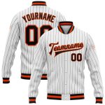 Custom Name Number Varsity Letterman Jacket Black Orange Pinstripe Bomber Full-Snap for Teams Personalized Apparel Personalized
