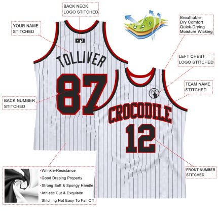 Custom Name Number Personalized Black-Red Basketball Jersey White Black Pinstripe Authentic Team Design Personalized White