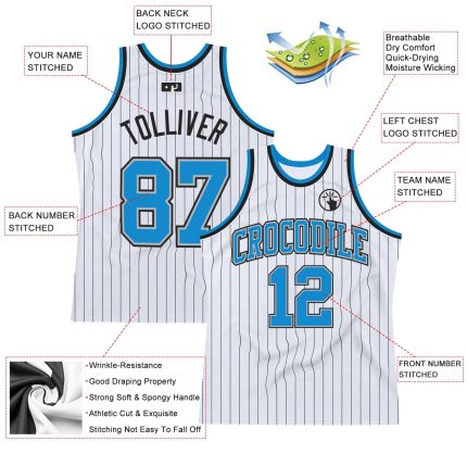 Personalized Blue Gray Pinstripe Basketball Jersey - Authentic White Black Personalized White Black Pinstripe Blue-Gray Authentic