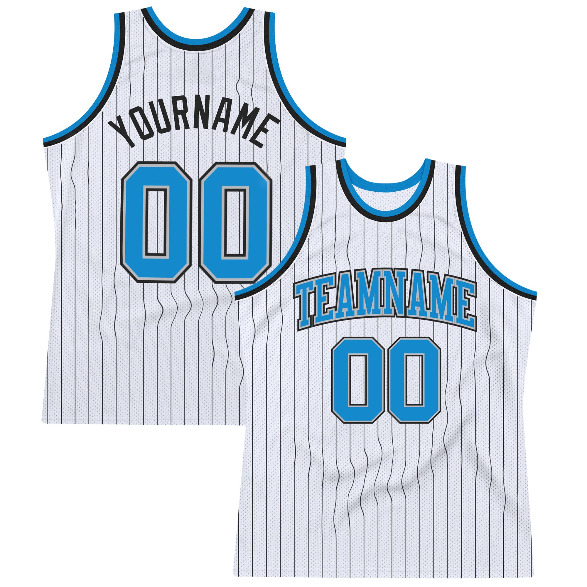 Personalized Blue Gray Pinstripe Basketball Jersey - Authentic White Black Personalized White Black Pinstripe Blue-Gray Authentic