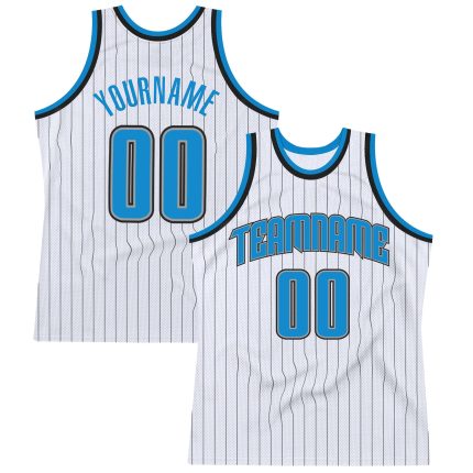 Custom Basketball Jersey with Pinstripes - Personalized Team Name and Number in White, Black, Blue-Gray Personalized White