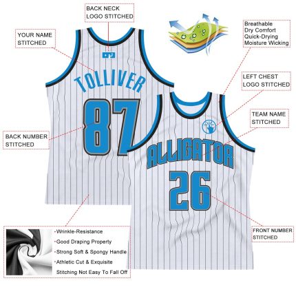 Custom Basketball Jersey with Pinstripes - Personalized Team Name and Number in White, Black, Blue-Gray Personalized White