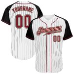 Customizable Crimson and Black Pinstripe Baseball Jersey with Authentic Raglan Sleeves - Personalized Name and Number Personalized