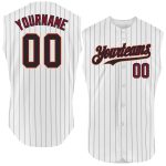 Customizable Crimson City Cream Baseball Jersey with Personalized Name and Number - Authentic Sleeveless Design in Black White Pinstripes
