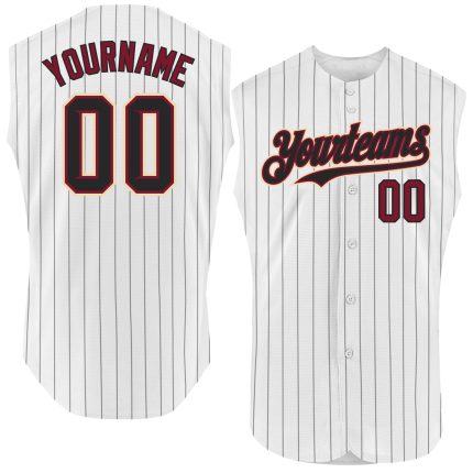 Customizable Crimson City Cream Baseball Jersey with Personalized Name and Number - Authentic Sleeveless Design in Black White Pinstripes