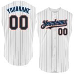 Customizable Electric Blue-Orange Pinstripe Baseball Jersey with Team Name and Number - Personalized Sleeveless Sports Apparel