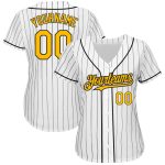 Personalized Gold Black White Pinstripe Baseball Jersey - Authentic Style Personalized White Black Pinstripe Gold Authentic