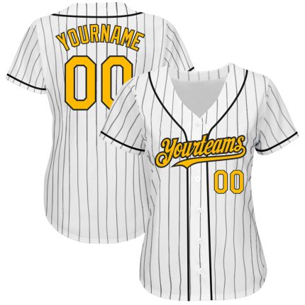 Personalized Gold Black White Pinstripe Baseball Jersey - Authentic Style Personalized White Black Pinstripe Gold Authentic