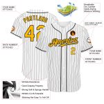 Personalized Gold Black White Pinstripe Baseball Jersey - Authentic Style Personalized White Black Pinstripe Gold Authentic