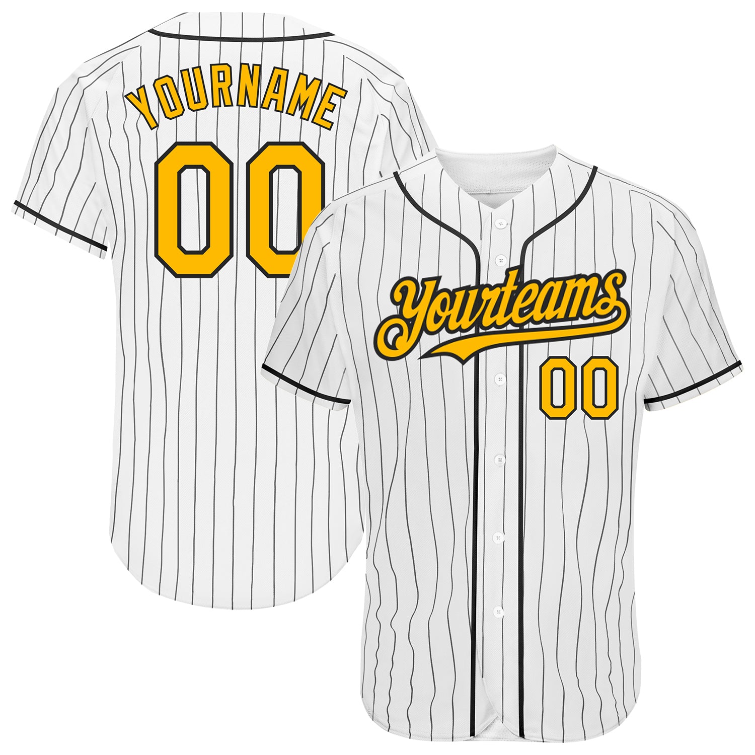 Personalized Gold Black White Pinstripe Baseball Jersey - Authentic Style Personalized White Black Pinstripe Gold Authentic