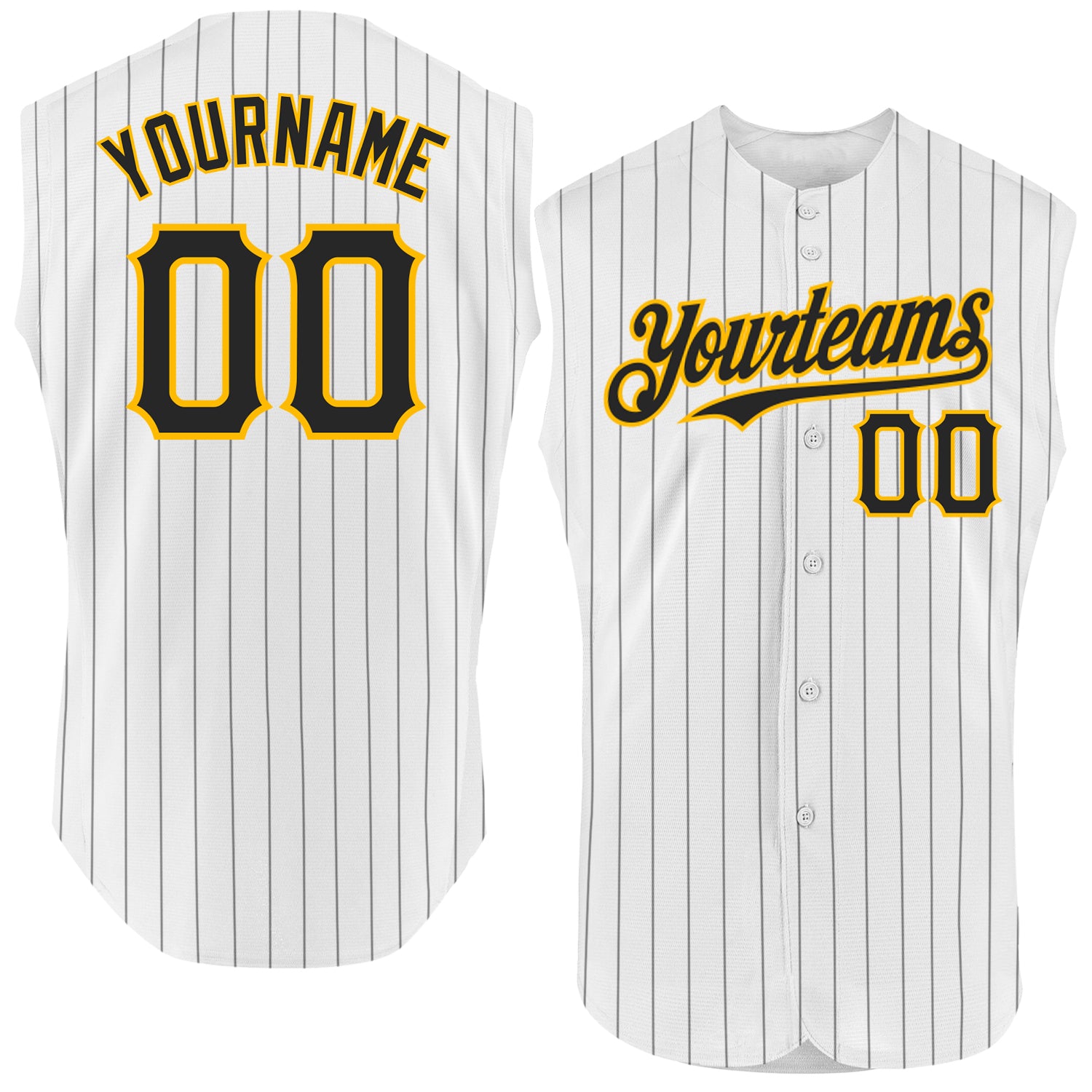 Customizable Black White Pinstripe Gold Baseball Jersey with Personalized Name and Number - Sleeveless Team Apparel Personalized