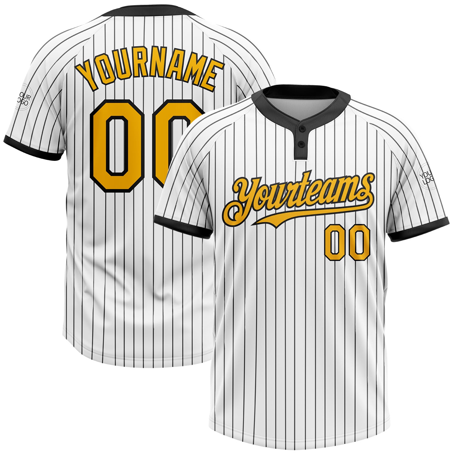 Custom Name and Number Softball Jersey for Teams, Unisex Two-Button in White, Black and Gold Pinstripe Design Personalized