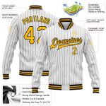 Custom Team Name Number Varsity Letterman Jacket Gold Black Pinstripe Full-Snap White Bomber Personalized White Black Pinstripe