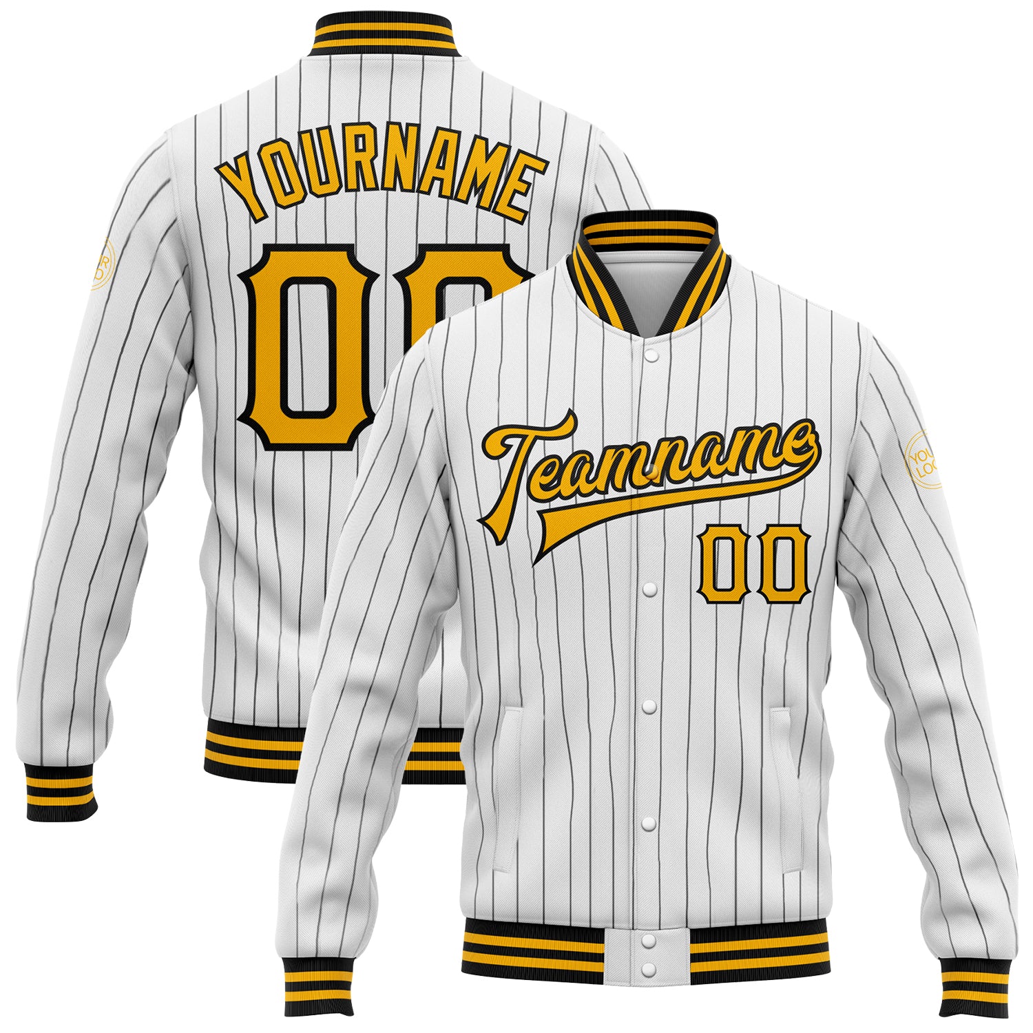 Custom Team Name Number Varsity Letterman Jacket Gold Black Pinstripe Full-Snap White Bomber Personalized White Black Pinstripe