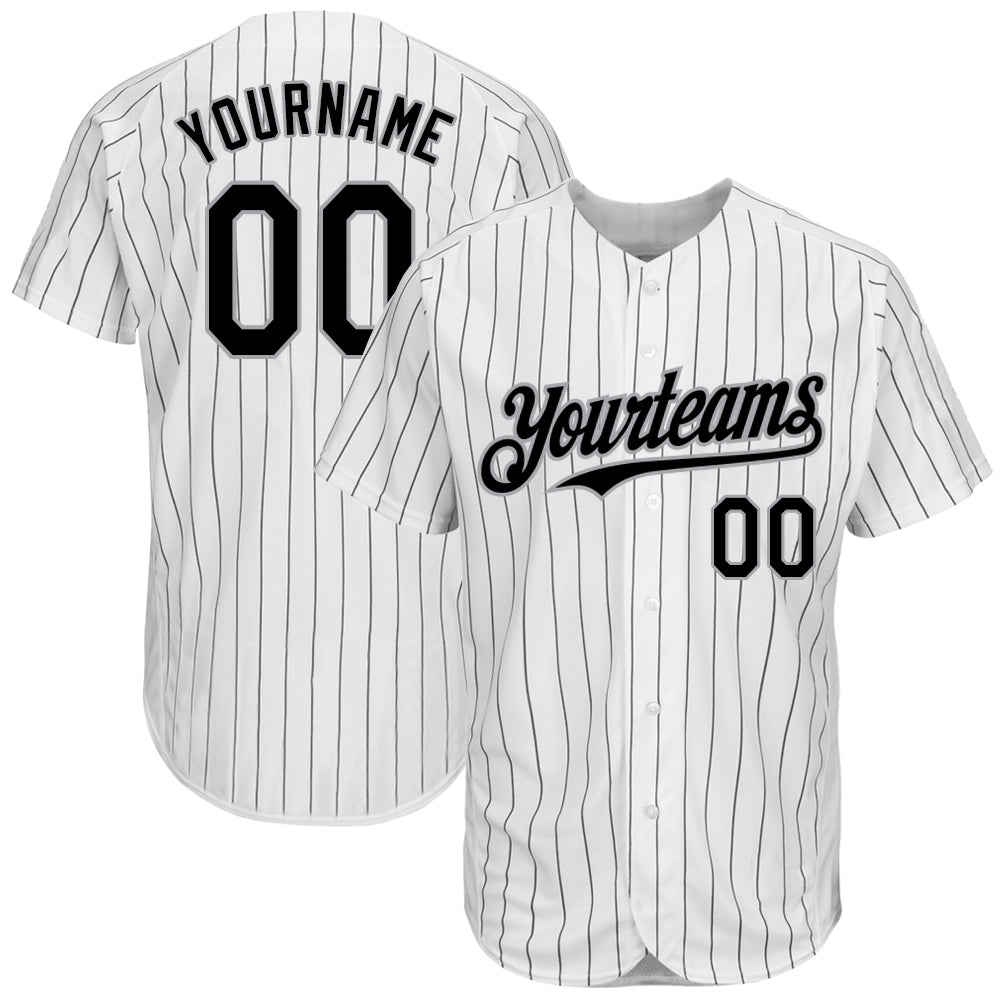 Personalized Authentic Baseball Jersey - White Black Gray Pinstripe Design Personalized White Black Pinstripe Gray Authentic