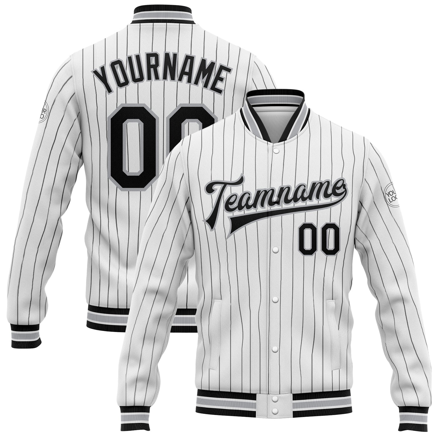 Customizable Pinstripe Bomber Jacket in White Black and Gray for Men - Full-Snap Varsity Letterman Jacket Personalized White