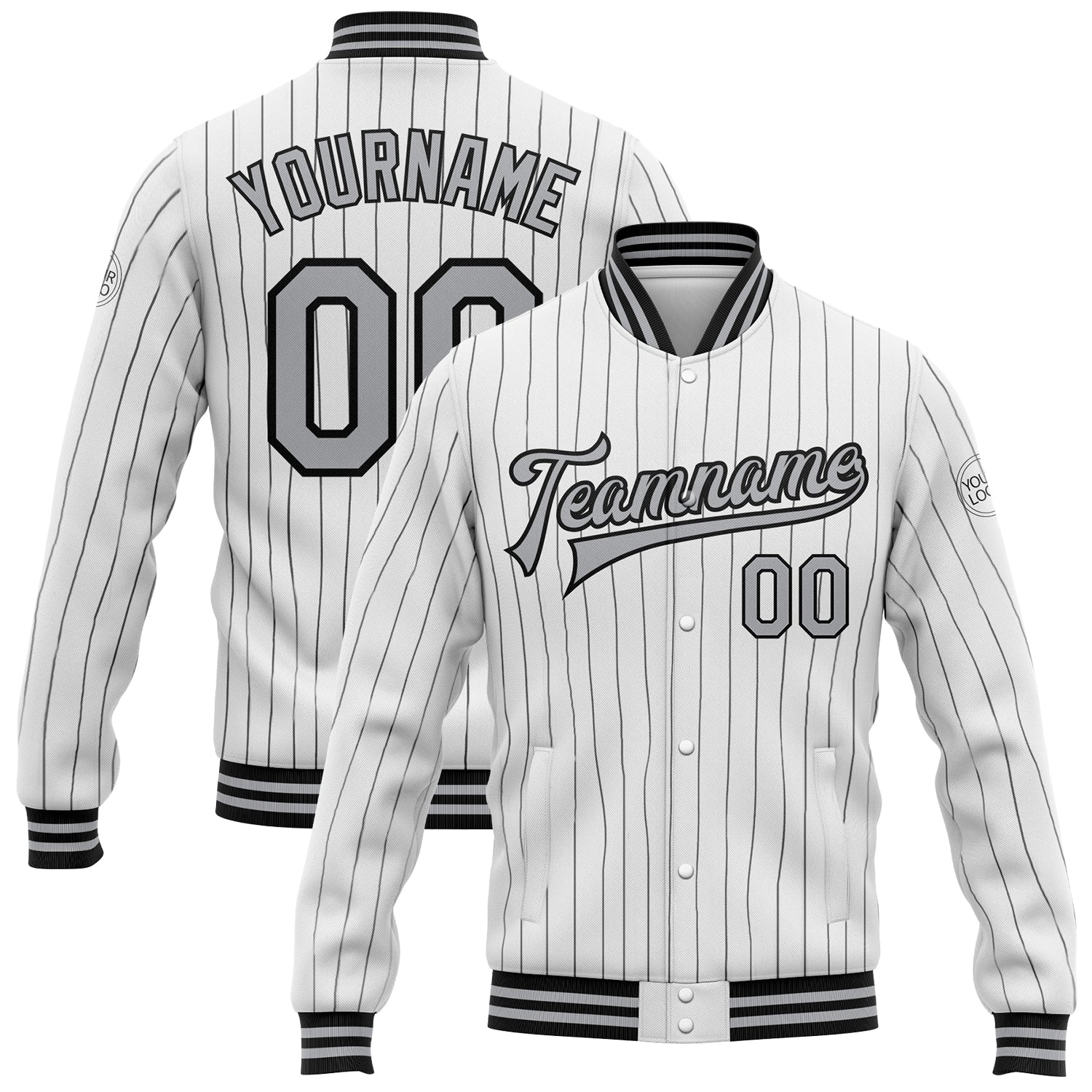 Custom Team Name and Number Personalized Gray Black White Pinstripe Bomber Full-Snap Varsity Letterman Jacket Personalized