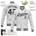 Customizable Pinstripe Bomber Jacket in White Black and Gray for Men - Full-Snap Varsity Letterman Jacket Personalized White
