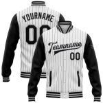 Custom Two Tone Varsity Letterman Jacket with Personalized Name & Number - Black White Gray Pinstripe Full-Snap Bomber Personalized
