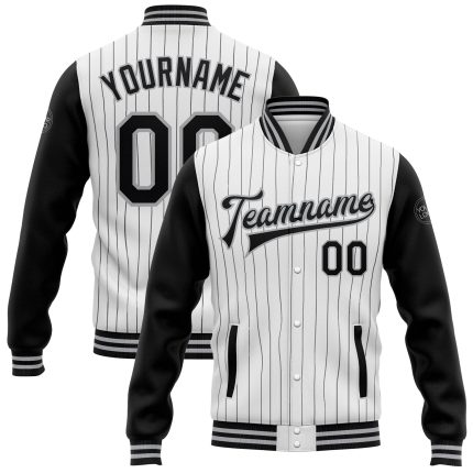 Custom Two Tone Varsity Letterman Jacket with Personalized Name & Number - Black White Gray Pinstripe Full-Snap Bomber Personalized