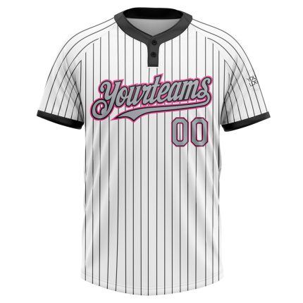 Custom Name and Number Softball Jersey - Personalized Gray-Pink Two-Button Unisex White Black Pinstripe Personalized White