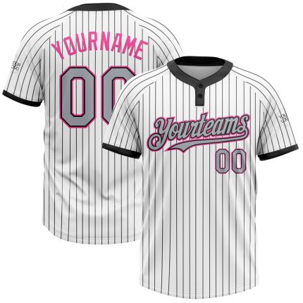Custom Name and Number Softball Jersey - Personalized Gray-Pink Two-Button Unisex White Black Pinstripe Personalized White
