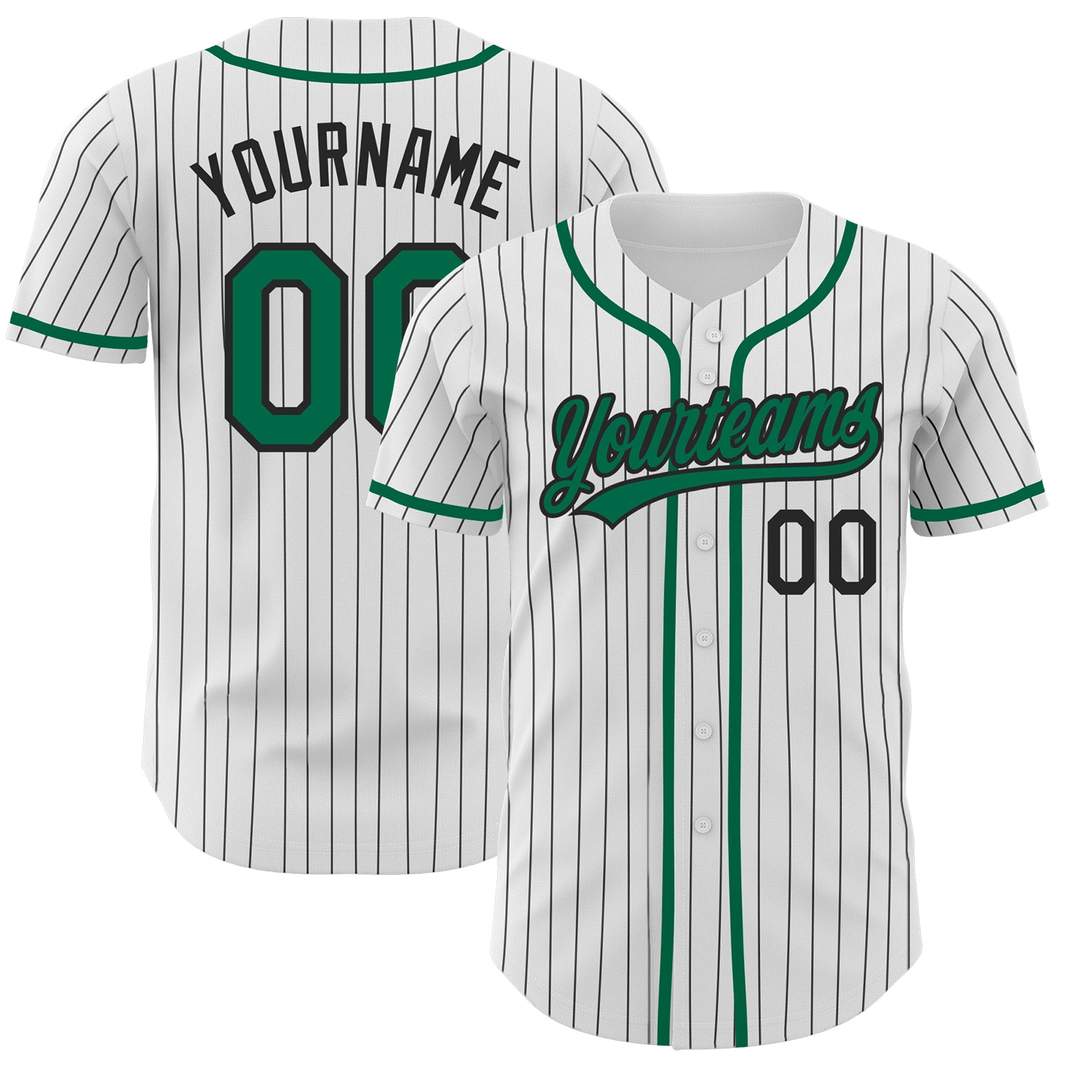 Custom Name and Number Authentic Baseball Jersey - Personalized White Black Pinstripe Kelly Green Design Personalized White
