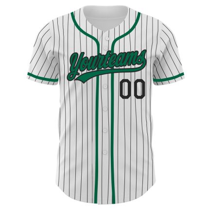 Custom Name and Number Authentic Baseball Jersey - Personalized White Black Pinstripe Kelly Green Design Personalized White